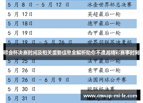 欧会杯决赛时间及相关重要信息全解析助你不遗漏精彩赛事时刻 欧会杯决赛时间及相关重要信息全解析助你不遗漏精彩赛事时刻