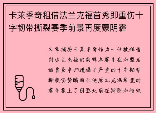 卡莱季奇租借法兰克福首秀即重伤十字韧带撕裂赛季前景再度蒙阴霾