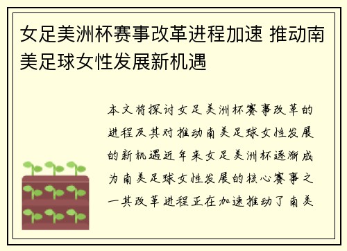 女足美洲杯赛事改革进程加速 推动南美足球女性发展新机遇